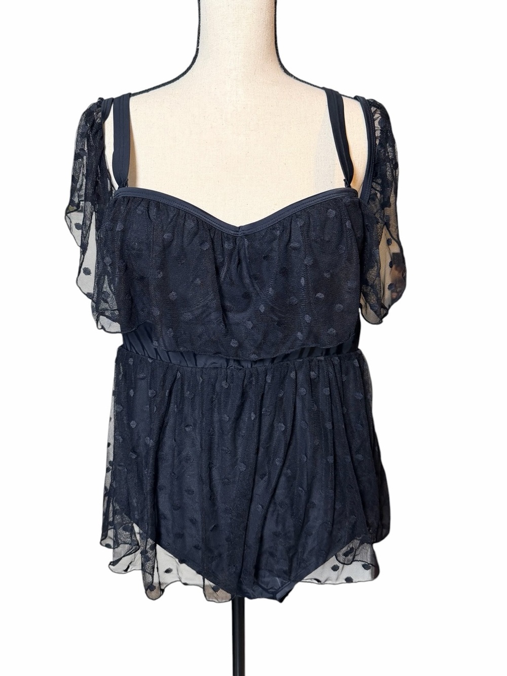 Black Polka Dot Mesh Babydoll One-Piece Swimsuit Size 2X